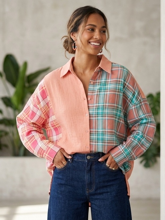 Hangnitang Tops - NWT HangNiTang Colorblock Plaid Patchwork Button Front Oversized Blouse Size S